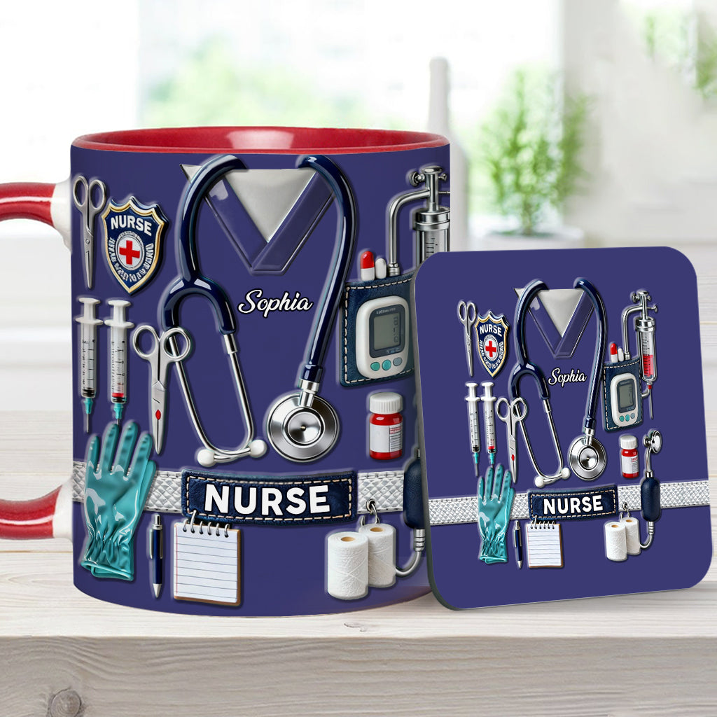 Krankenpflege ist eine Herzensangelegenheit – Personalisierte Tasse und Untersetzer mit Krankenschwester-Motiv