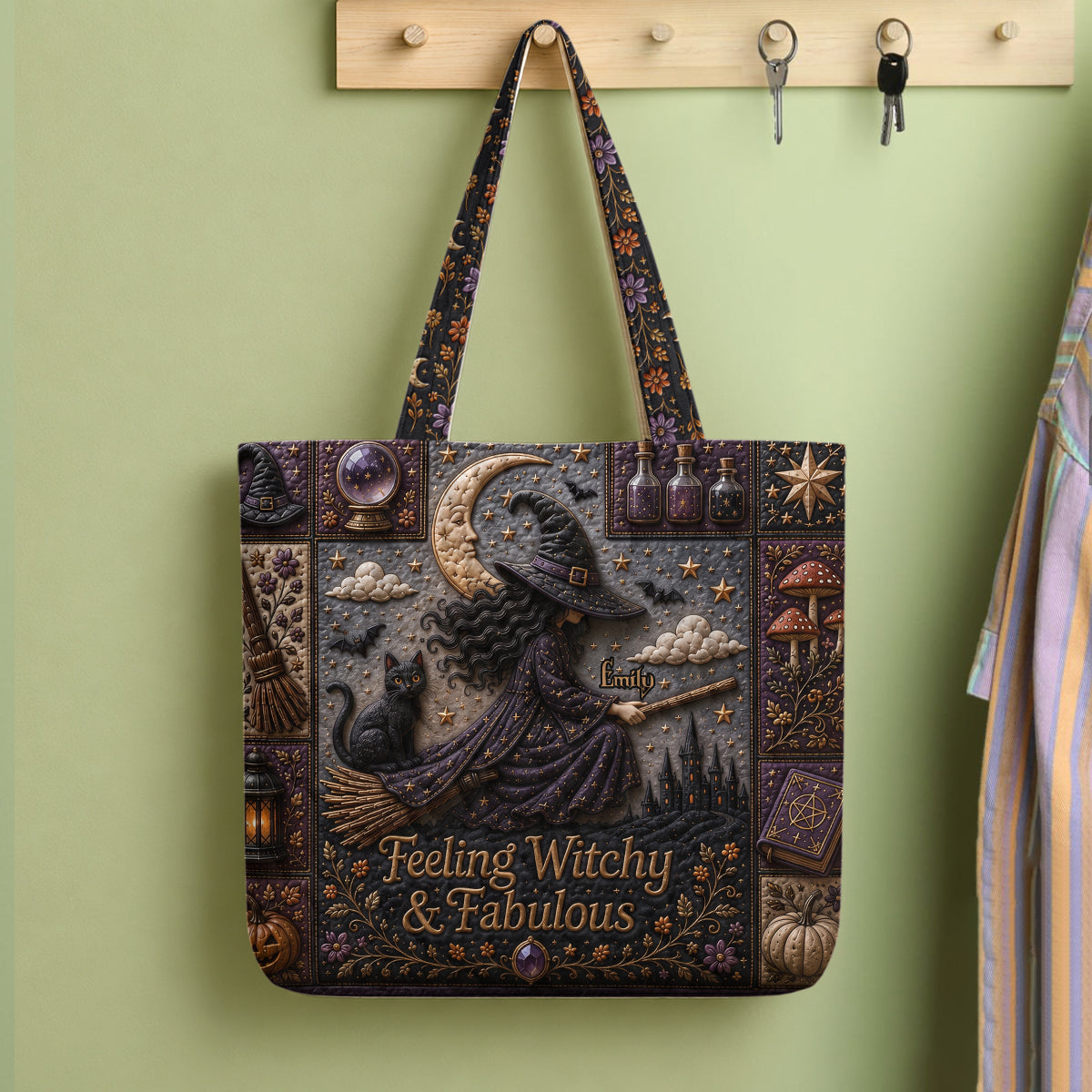 Feeling Witchy & Fabulous - Personalized Witch Quilted Tote Bag