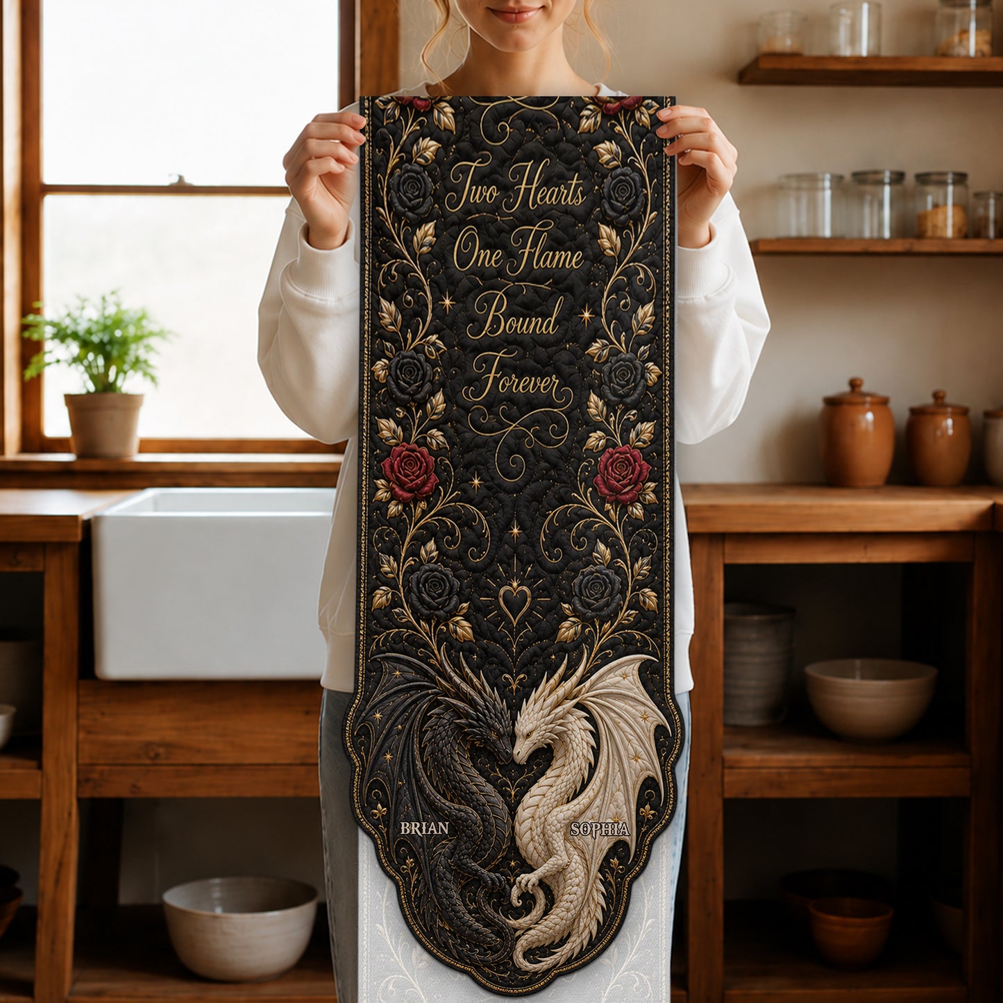 Two Hearts One Flame Bound Forever - Personalized Dragon Table Runner Custom Shape