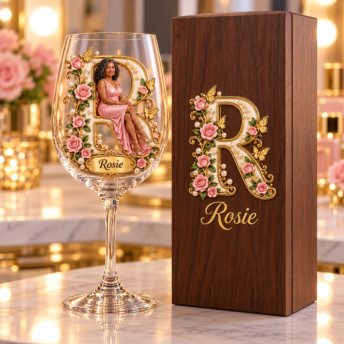 Personalized Custom Photo Rose and Butterfly Wine Glass - Gift for Older Women