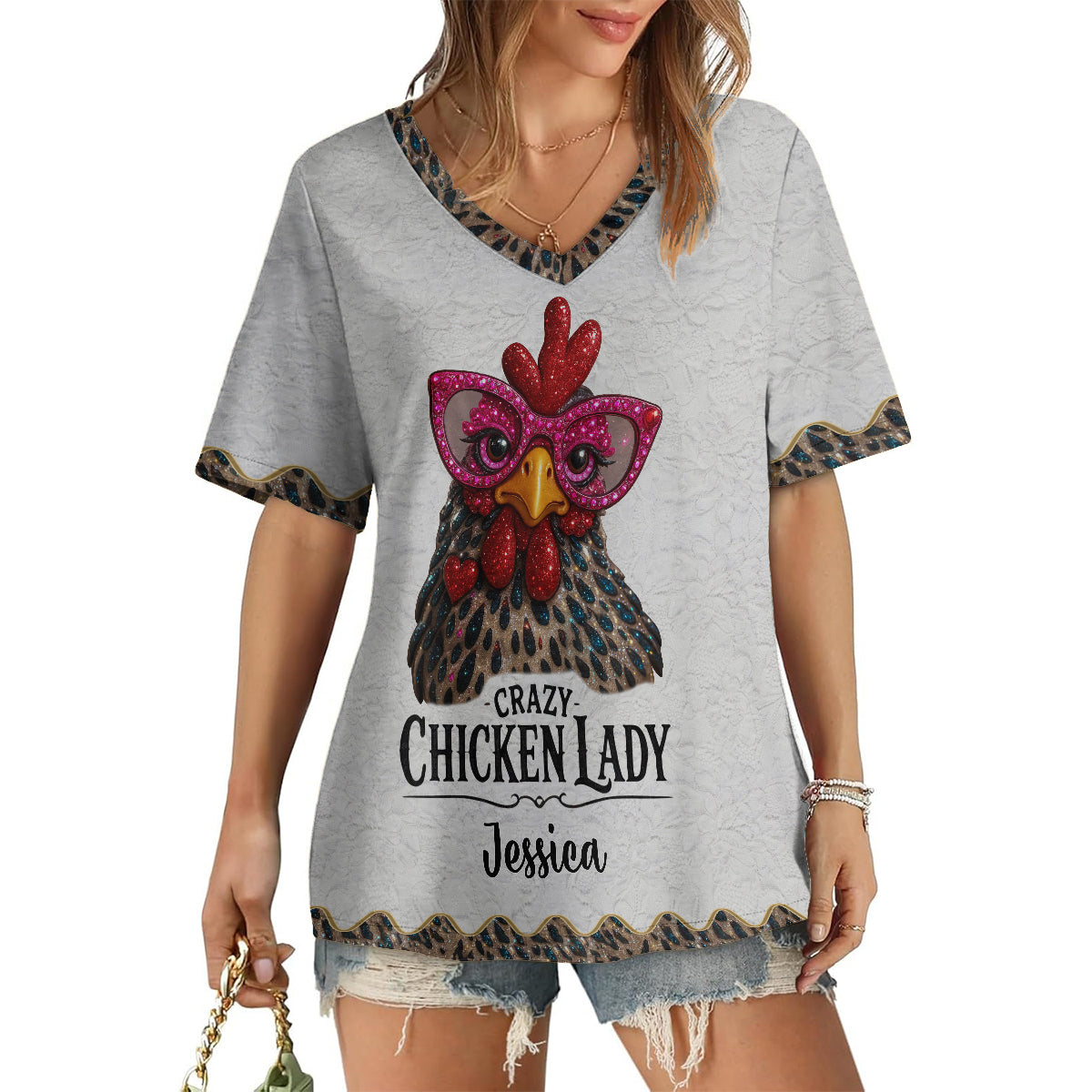 Crazy Chicken Lady - Personalized Chicken Fully Printed V-Neck T-Shirt