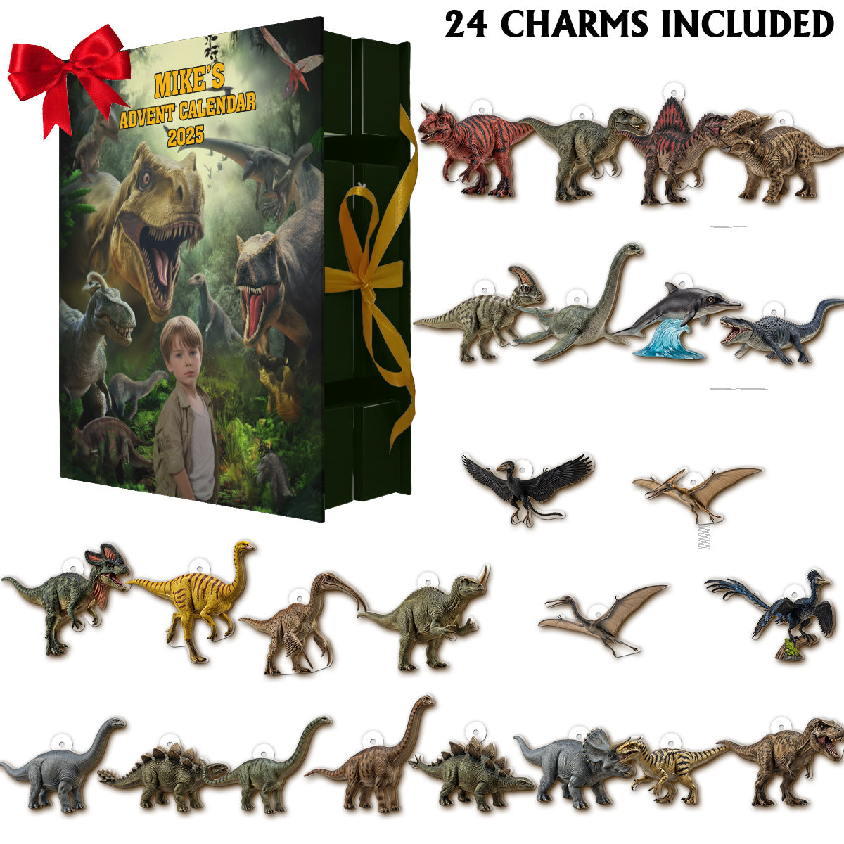 24 Dinosaurierarten – Geschenkidee für Jungen – Personalisierter Adventskalender zum Zusammenklappen mit Ornamenten