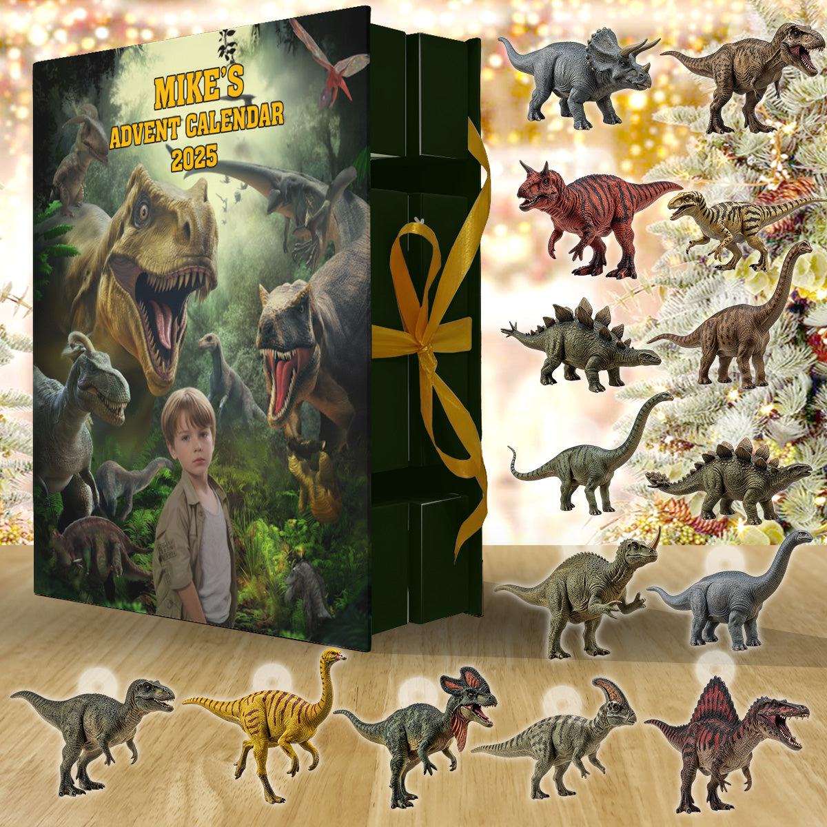 24 Dinosaurierarten – Geschenkidee für Jungen – Personalisierter Adventskalender zum Zusammenklappen mit Ornamenten