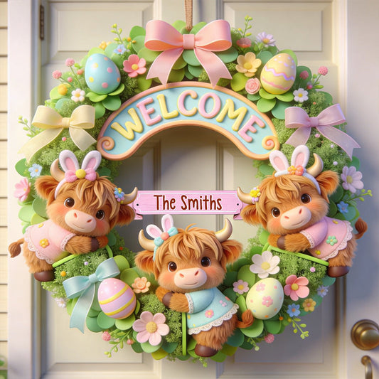 Happy Easter's Day Cute Highland Cow - Personalized Highland Cow Custom Shaped Wood Sign