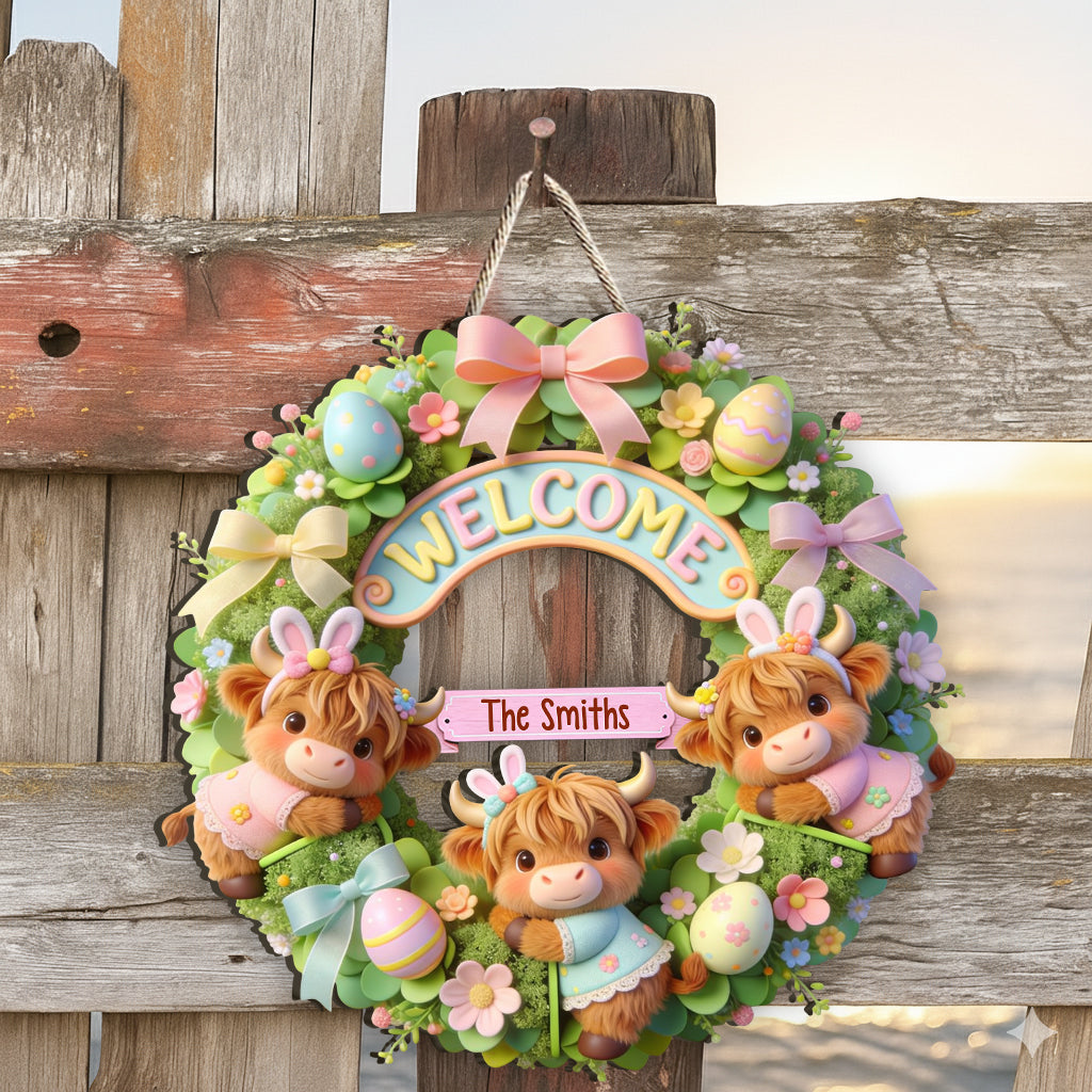 Frohe Ostern! Niedliches Hochlandrind – personalisiertes Holzschild in individueller Hochlandrinderform