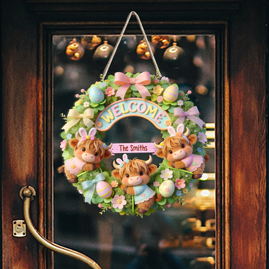Frohe Ostern! Niedliches Hochlandrind – personalisiertes Holzschild in individueller Hochlandrinderform