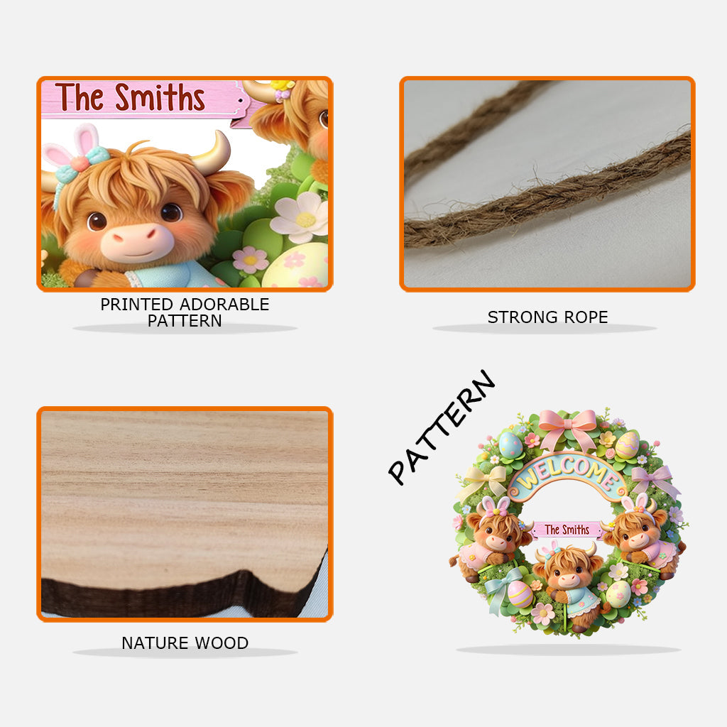 Frohe Ostern! Niedliches Hochlandrind – personalisiertes Holzschild in individueller Hochlandrinderform