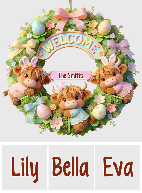 Frohe Ostern! Niedliches Hochlandrind – personalisiertes Holzschild in individueller Hochlandrinderform