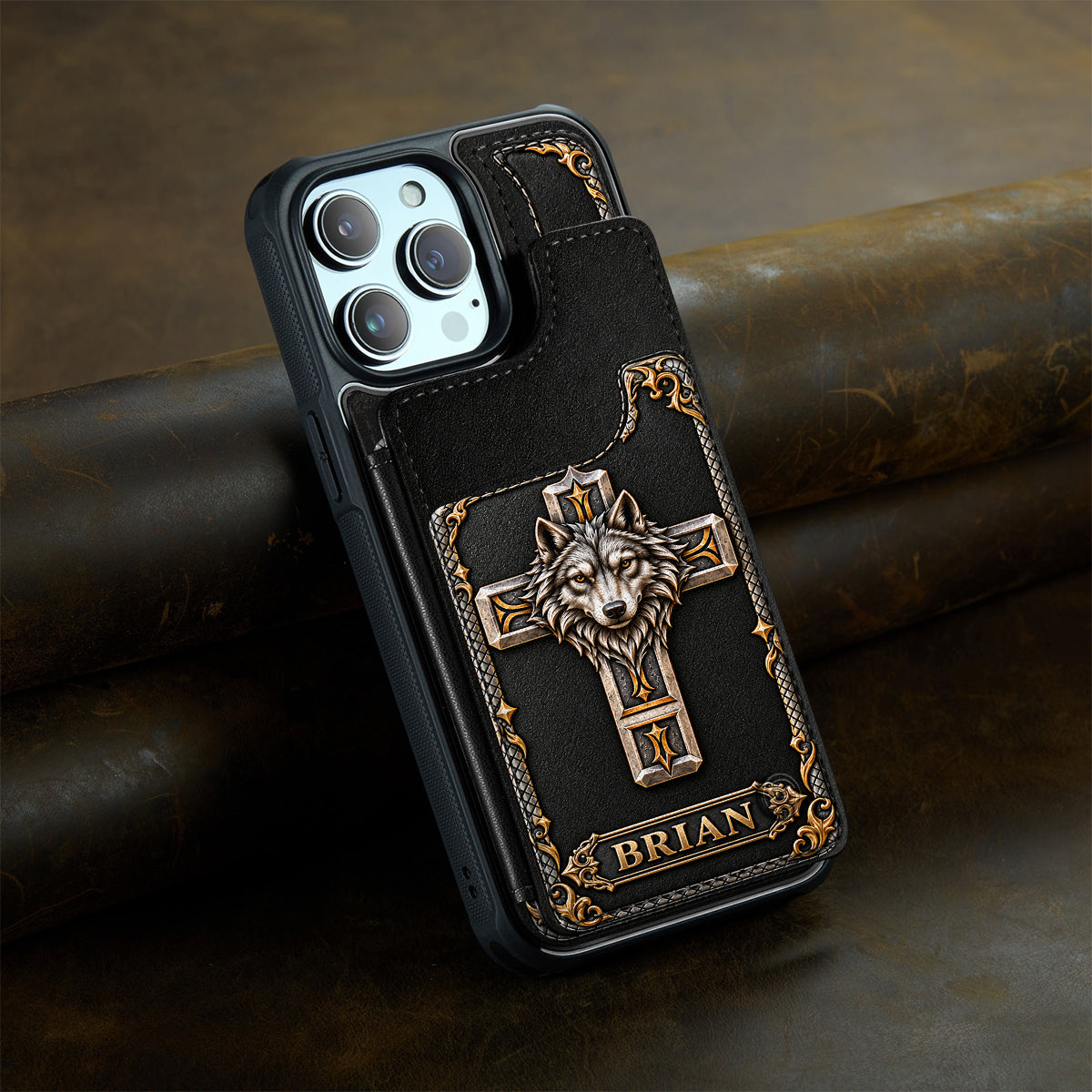 Wolf Guardian Cross - Personalized Wolf Fully Printed Wallet Phone Case