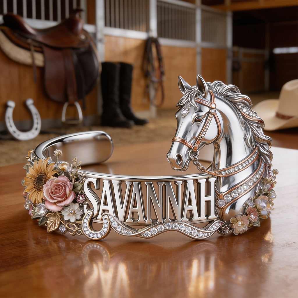 Beautiful Horse With Custom Name - Personalized Horse Shaped Cuff Bracelet