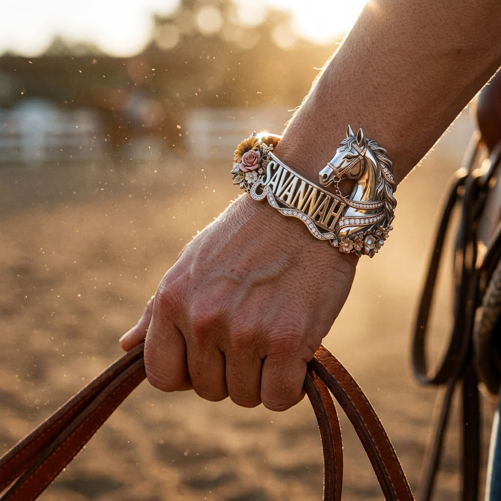 Beautiful Horse With Custom Name - Personalized Horse Shaped Cuff Bracelet