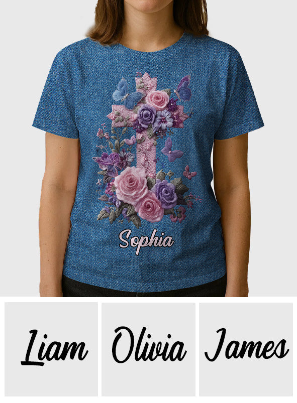 Kreuz & Blumen – Eleganter Stil zur Ehre des Glaubens – Personalisiertes christliches Allover-Shirt