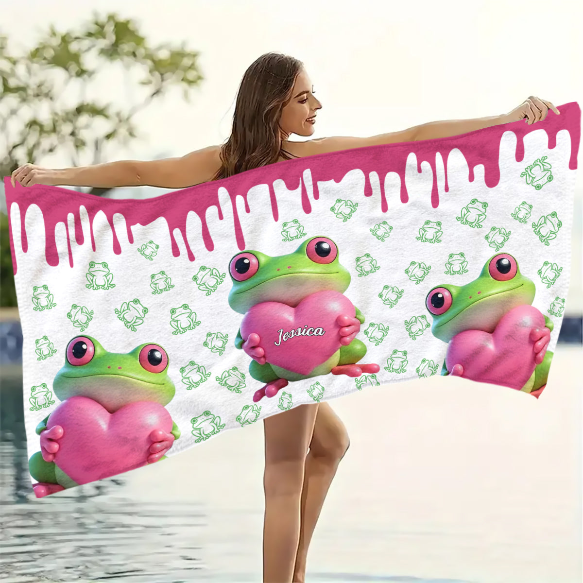 Niedliches Frosch-Strandtuch/Badetuch mit personalisiertem Froschmotiv, schnelltrocknend