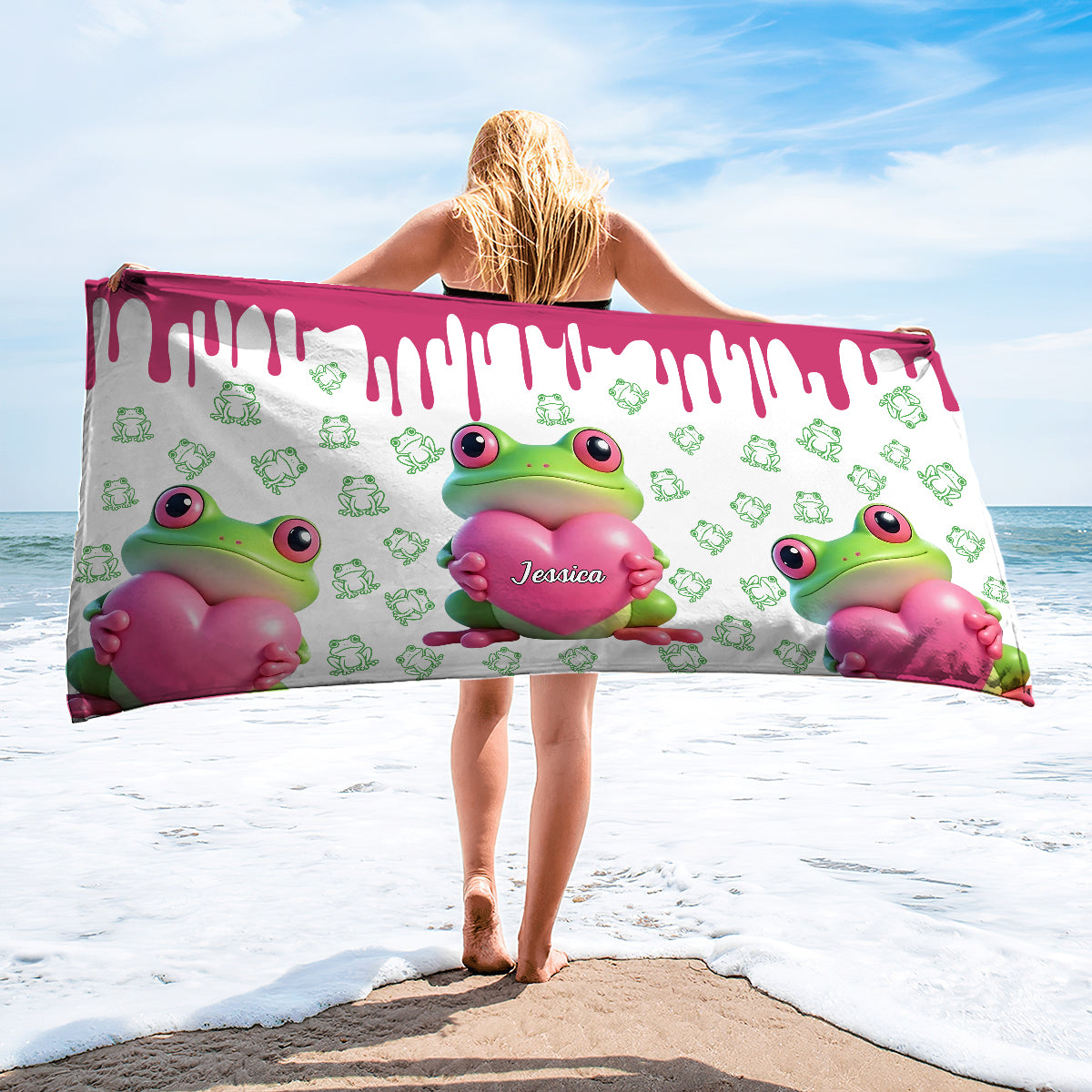 Niedliches Frosch-Strandtuch/Badetuch mit personalisiertem Froschmotiv, schnelltrocknend