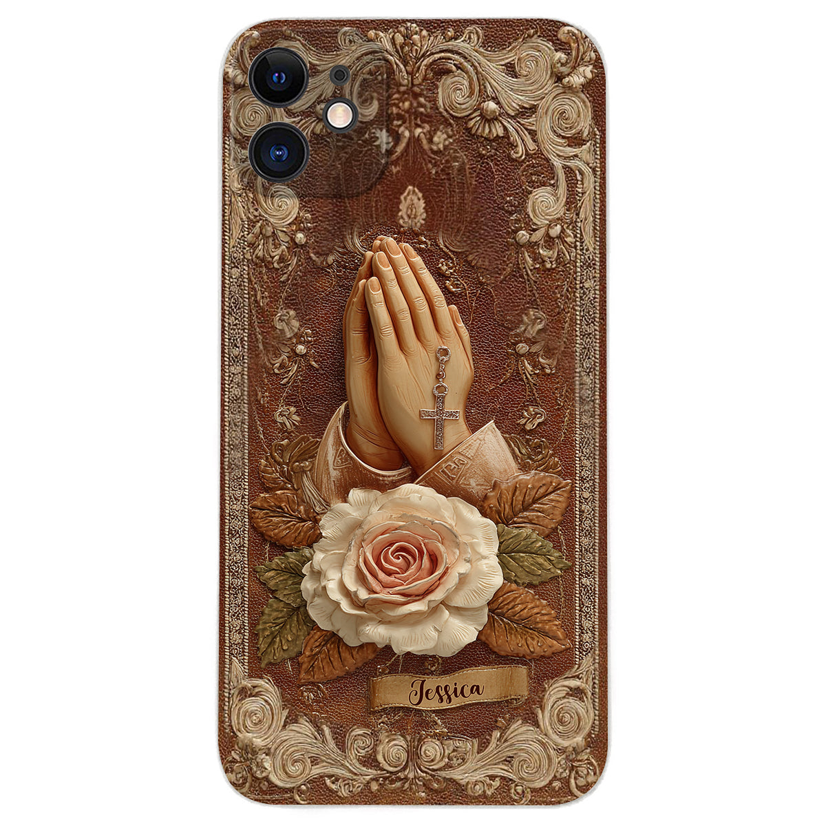 Betende Hände mit Rosen – Personalisierte christliche Handyhülle aus Leder