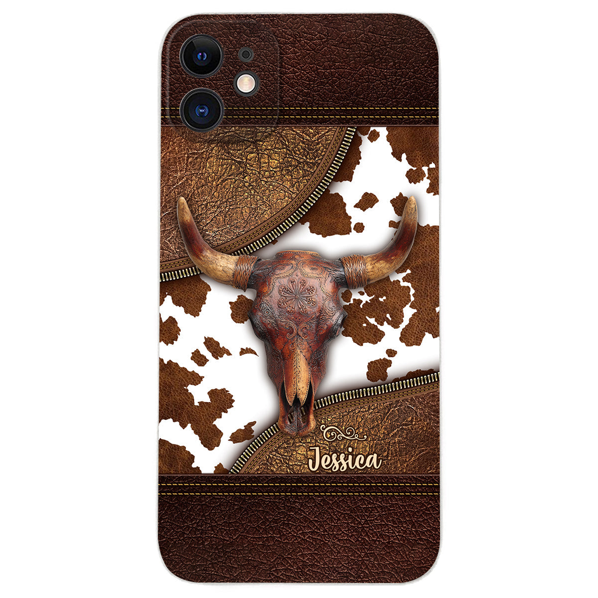 Skeleton Bull Skull - Personalized Western Leather Phone Case