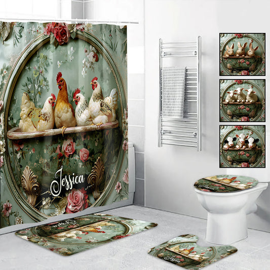 Floral Farm Animals - Personalized Farmer Bathroom Curtain & Mats Set