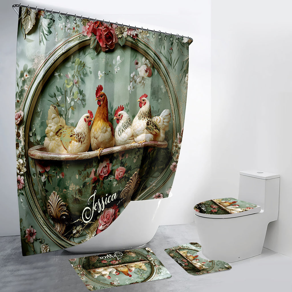 Personalisiertes Badezimmer-Set mit Bauernhoftieren und Blumenmotiv: Vorhang und Fußmatten