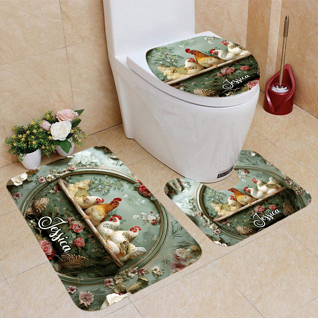 Personalisiertes Badezimmer-Set mit Bauernhoftieren und Blumenmotiv: Vorhang und Fußmatten