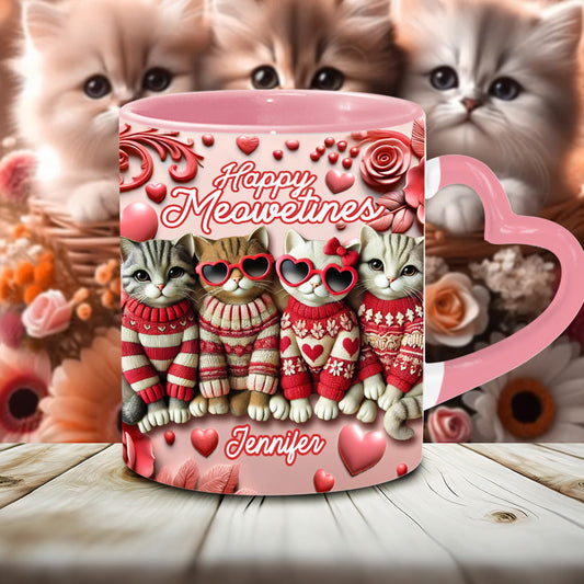 Happy Meowetines - Personalized Cat Heart Handle Mug