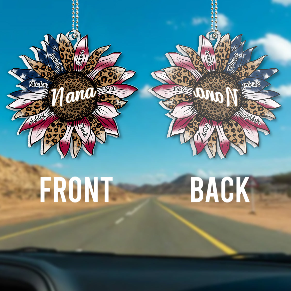 Omas Sonnenblumen-Flagge zum 4. Juli – Personalisierter, individuell geformter Autoanhänger in Oma-Form