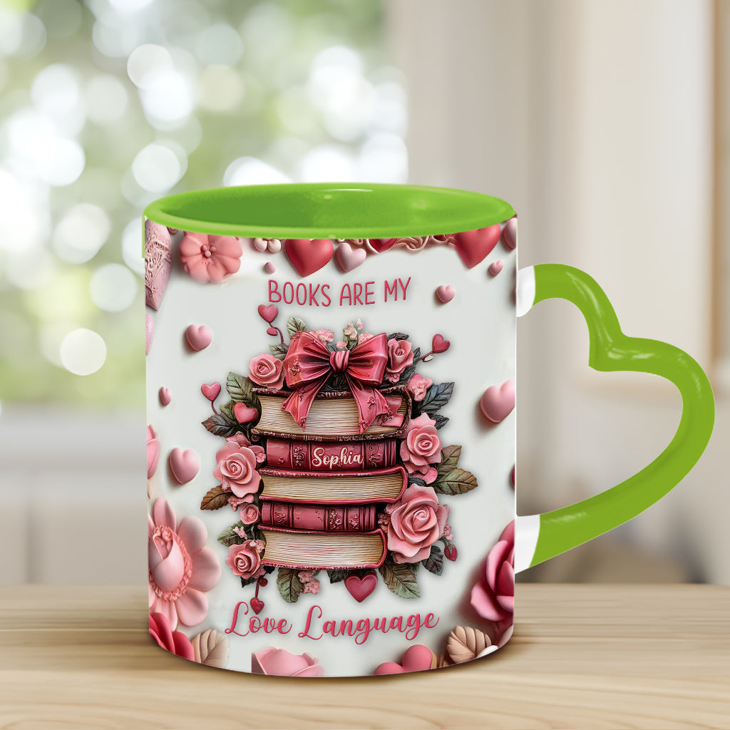 Bücher sind meine Liebessprache – Personalisierte Tasse mit Buchherz-Henkel
