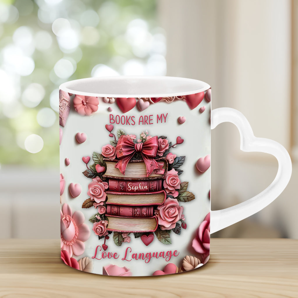 Bücher sind meine Liebessprache – Personalisierte Tasse mit Buchherz-Henkel