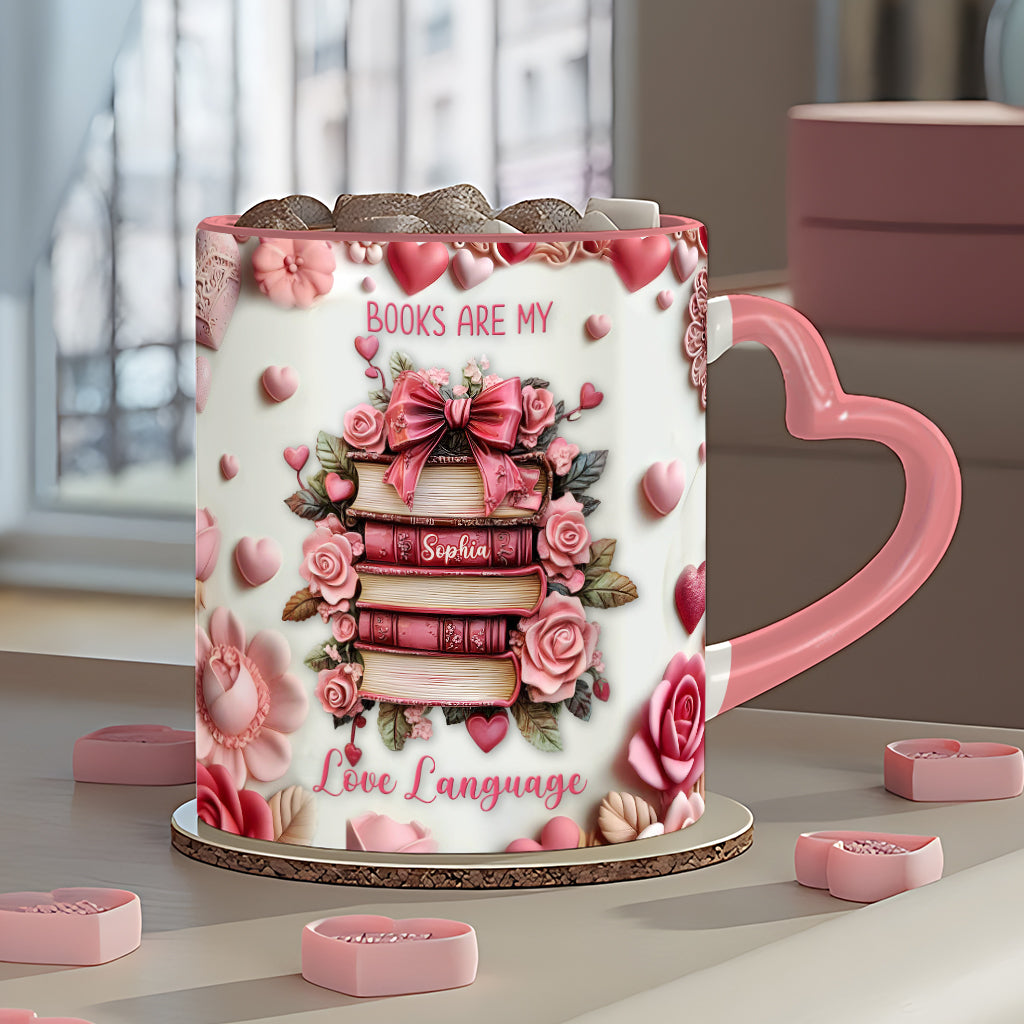 Bücher sind meine Liebessprache – Personalisierte Tasse mit Buchherz-Henkel