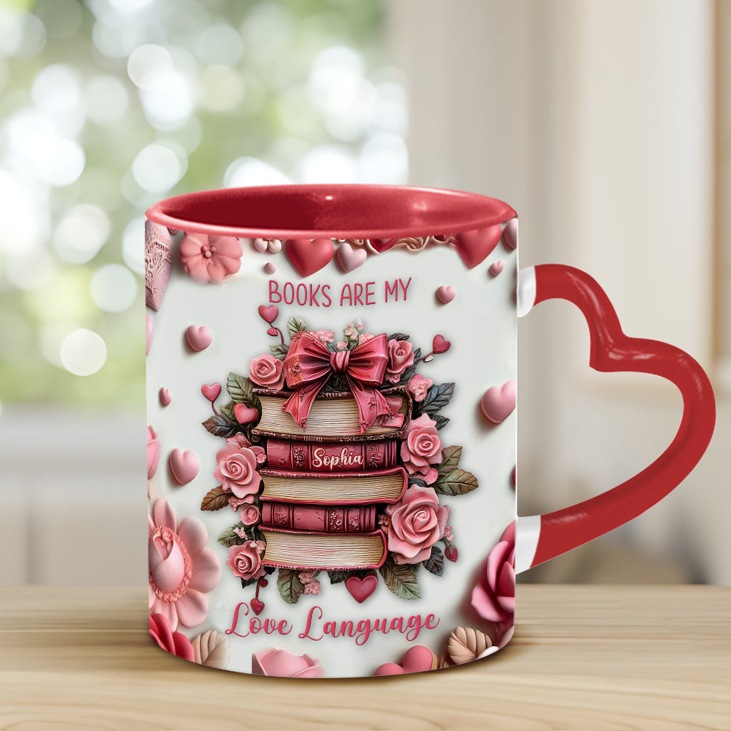 Bücher sind meine Liebessprache – Personalisierte Tasse mit Buchherz-Henkel