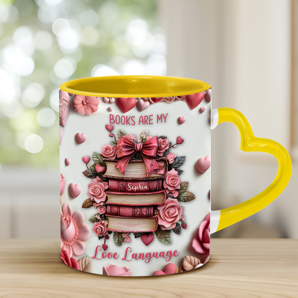 Bücher sind meine Liebessprache – Personalisierte Tasse mit Buchherz-Henkel