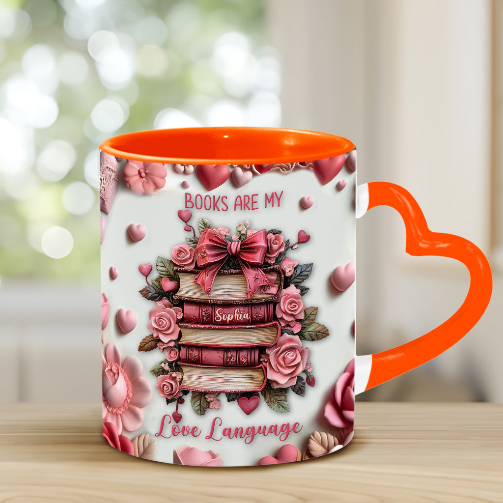Bücher sind meine Liebessprache – Personalisierte Tasse mit Buchherz-Henkel