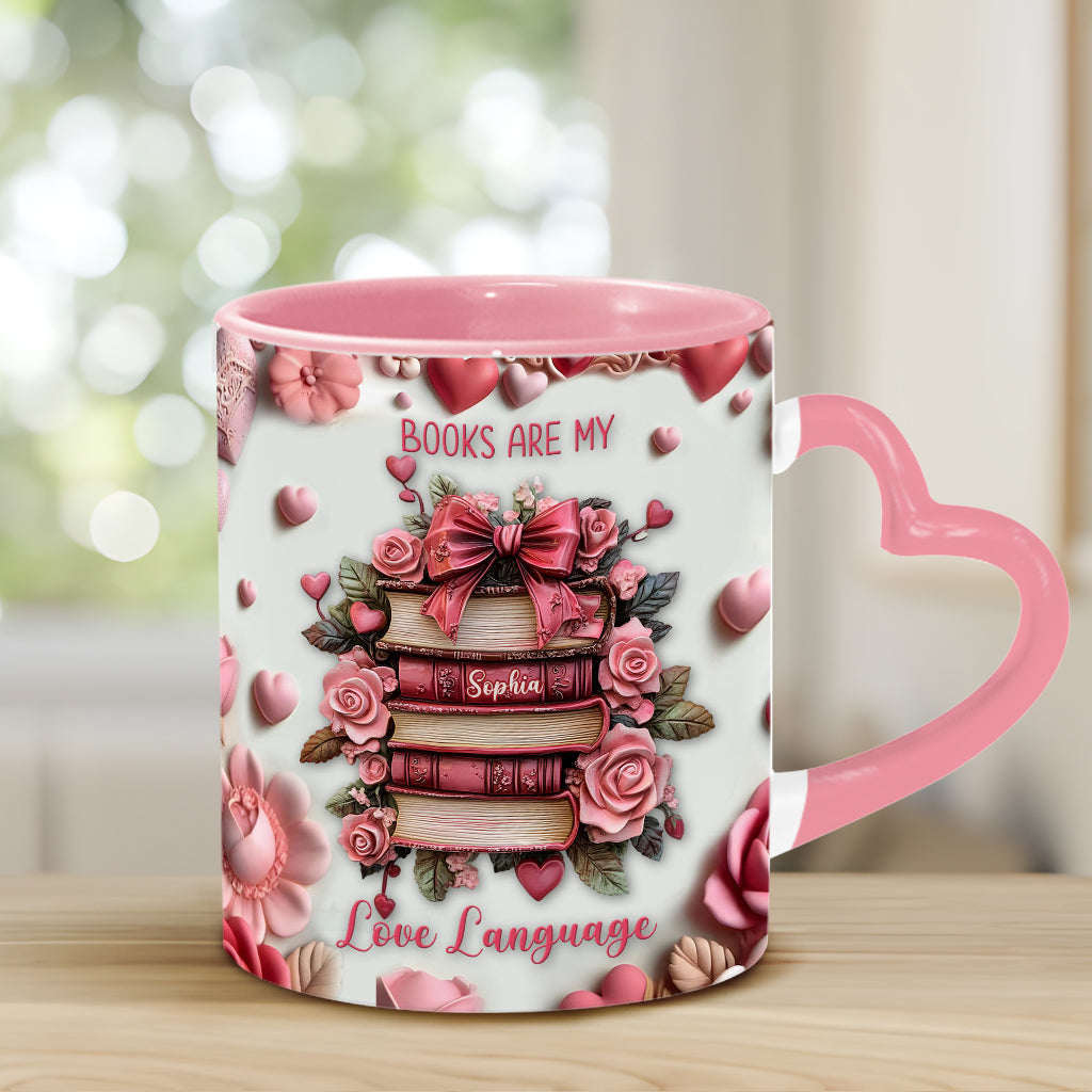Bücher sind meine Liebessprache – Personalisierte Tasse mit Buchherz-Henkel