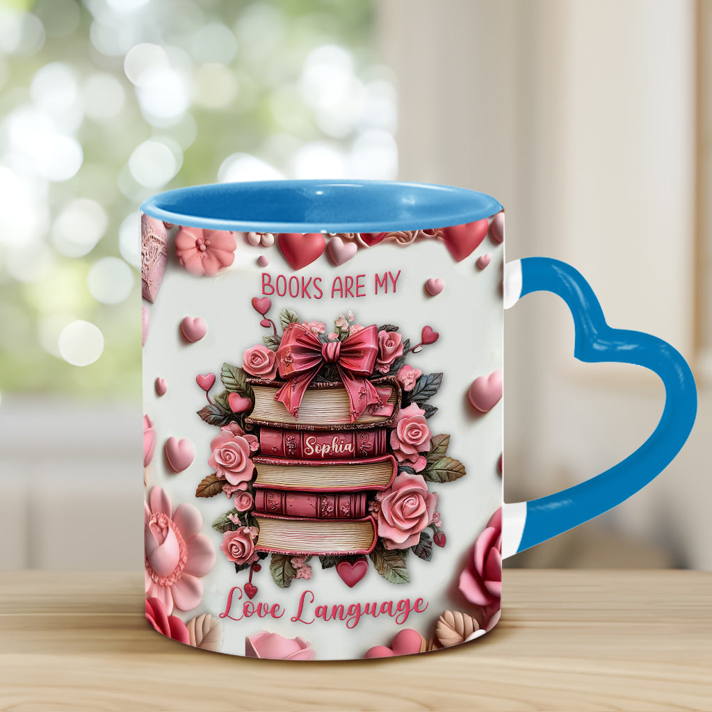 Bücher sind meine Liebessprache – Personalisierte Tasse mit Buchherz-Henkel