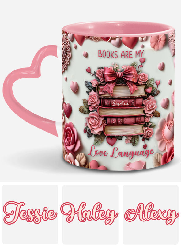 Bücher sind meine Liebessprache – Personalisierte Tasse mit Buchherz-Henkel