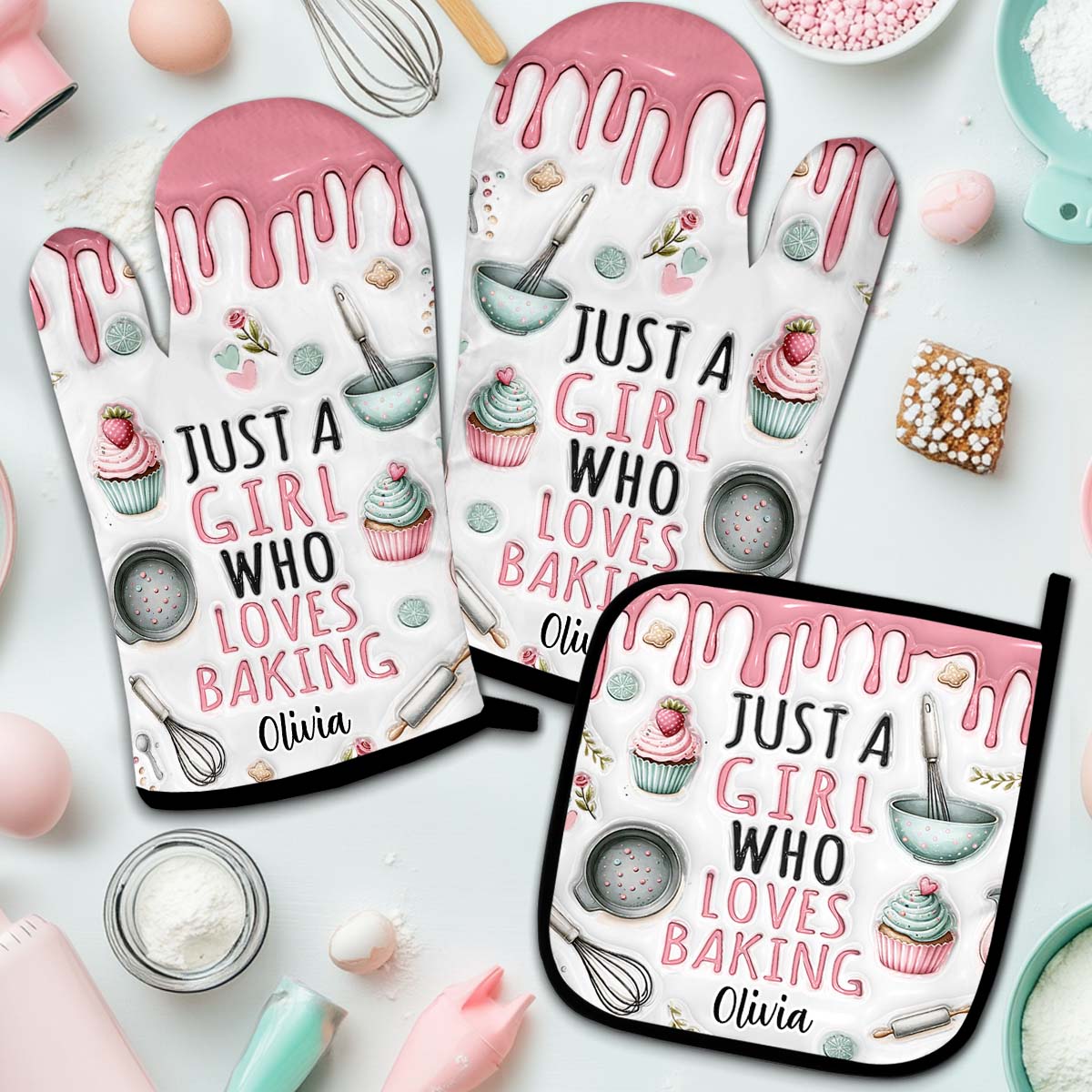 Einfach ein Mädchen, das Backen liebt – Personalisiertes Set aus Ofenhandschuhen und Topflappen