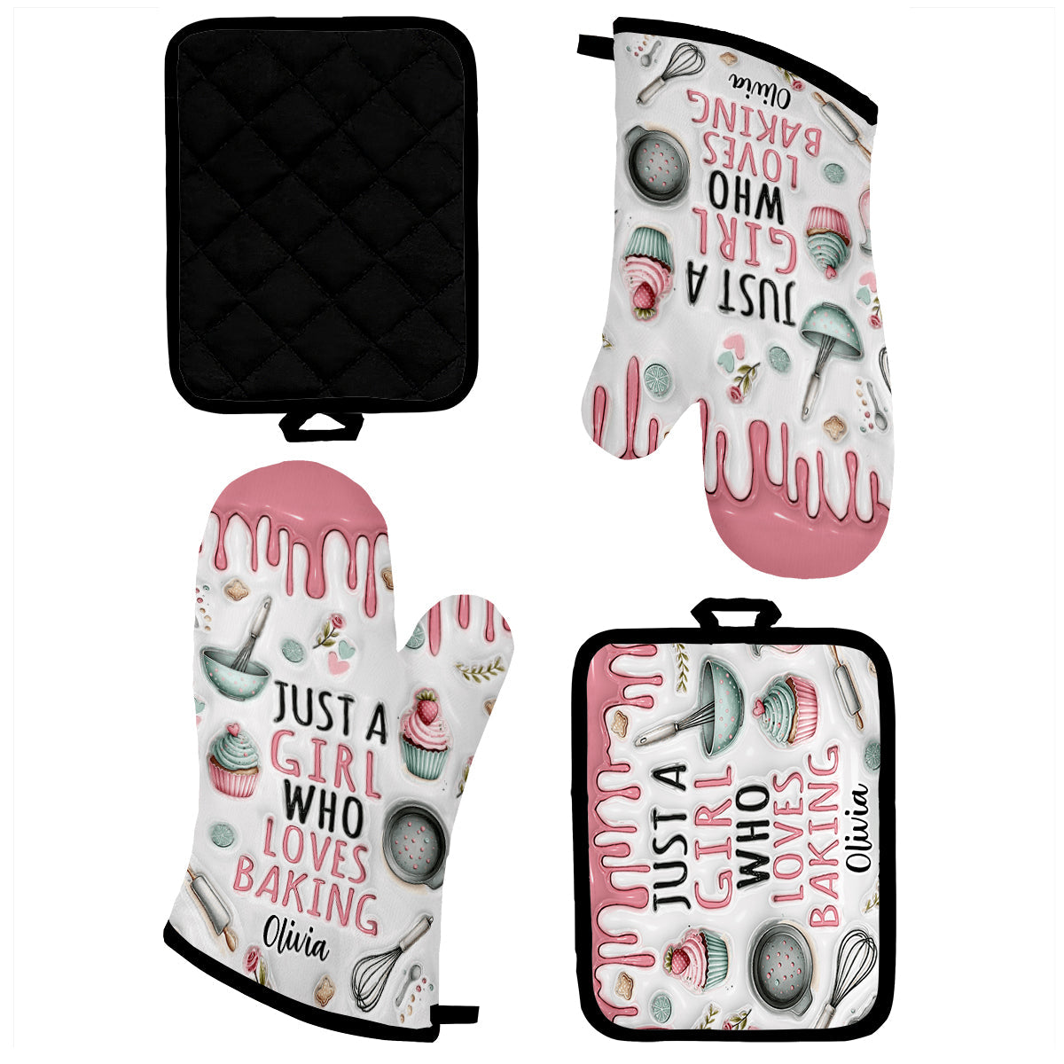 Einfach ein Mädchen, das Backen liebt – Personalisiertes Set aus Ofenhandschuhen und Topflappen