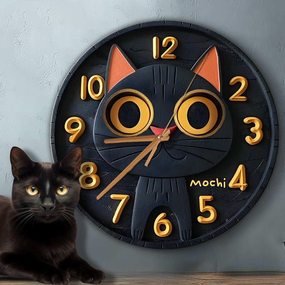 Niedliche schwarze Katze – Personalisierte Wanduhr mit schwarzer Katze