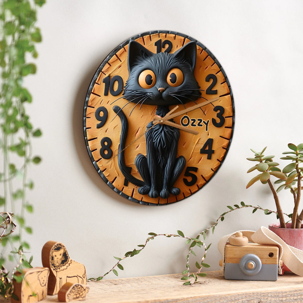 Cute Black Cat - Personalized Black Cat Wall Clock