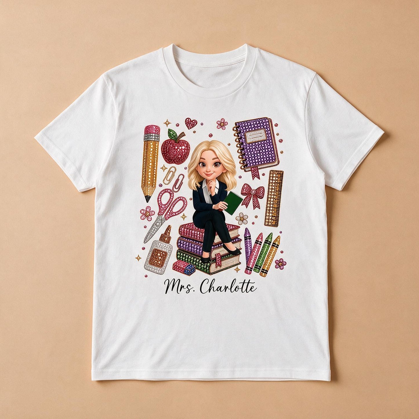 Personalized Blonde Teacher Faux Rhinestone School Supplies Shirt – Custom Name Back To School Gift For Teacher