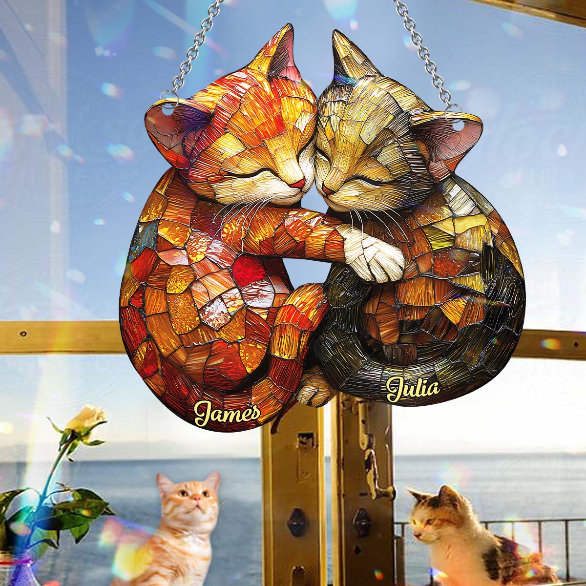 Niedliches Katzenpaar – Personalisierter Katzen-Fensterhänger als Sonnenfänger 