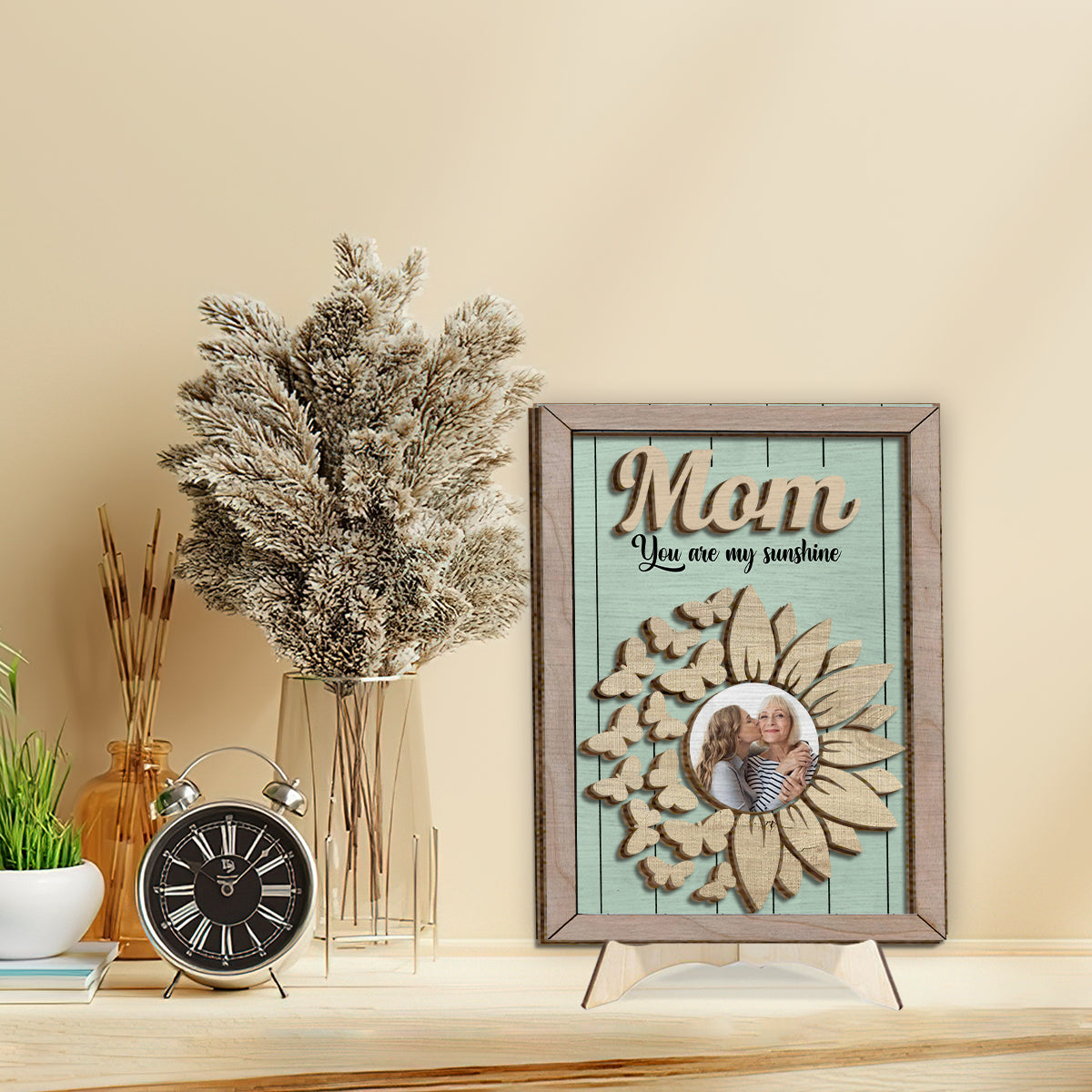 Du bist mein Sonnenschein – Personalisiertes Sonnenblumen-Fotoschild/Holzplakette für Mütter (2-lagig)
