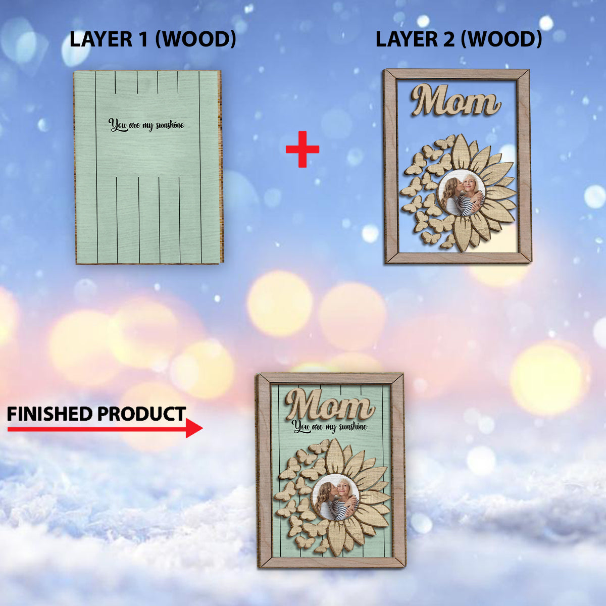 Du bist mein Sonnenschein – Personalisiertes Sonnenblumen-Fotoschild/Holzplakette für Mütter (2-lagig)