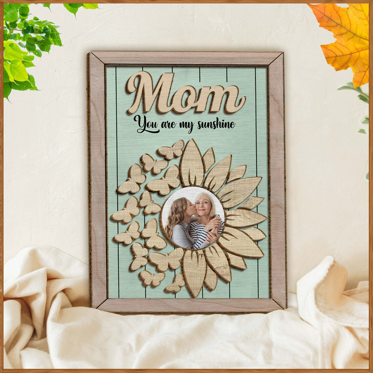 Du bist mein Sonnenschein – Personalisiertes Sonnenblumen-Fotoschild/Holzplakette für Mütter (2-lagig)