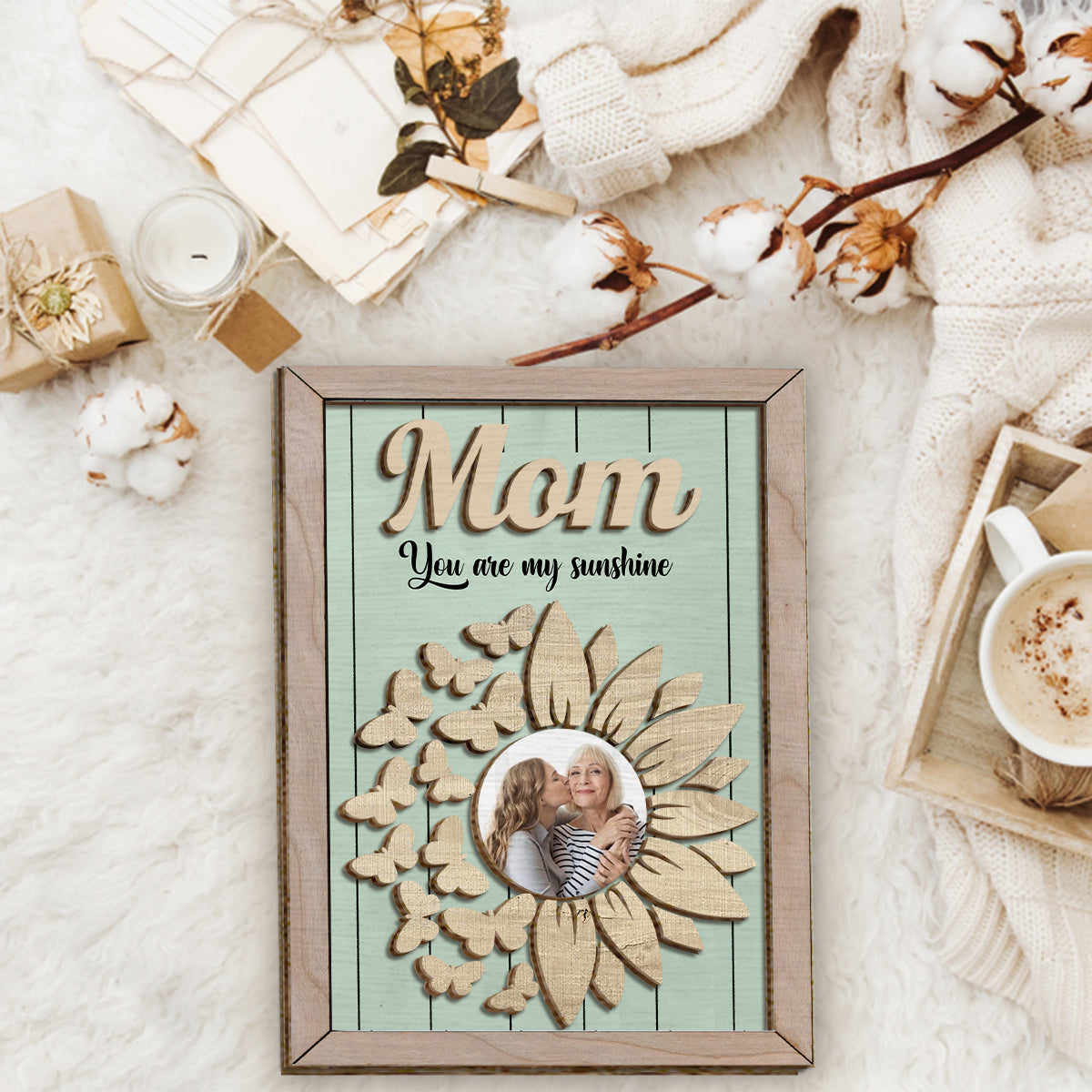 Du bist mein Sonnenschein – Personalisiertes Sonnenblumen-Fotoschild/Holzplakette für Mütter (2-lagig)