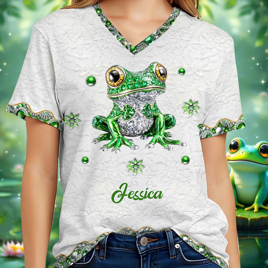 Love Frog – Personalisiertes T-Shirt mit Frosch-Vollbilddruck und V-Ausschnitt