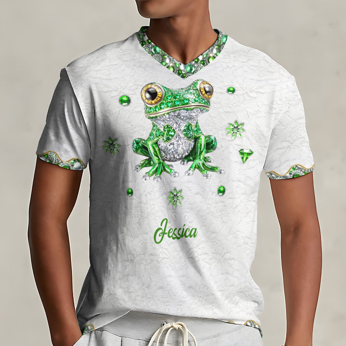 Love Frog – Personalisiertes T-Shirt mit Frosch-Vollbilddruck und V-Ausschnitt