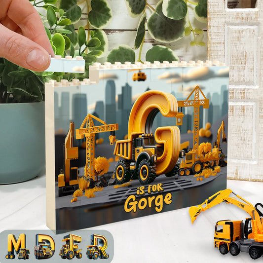 Baufahrzeug-Buchstaben - Personalisierte einseitige, horizontale rechteckige Bausteine ​​für Kinder