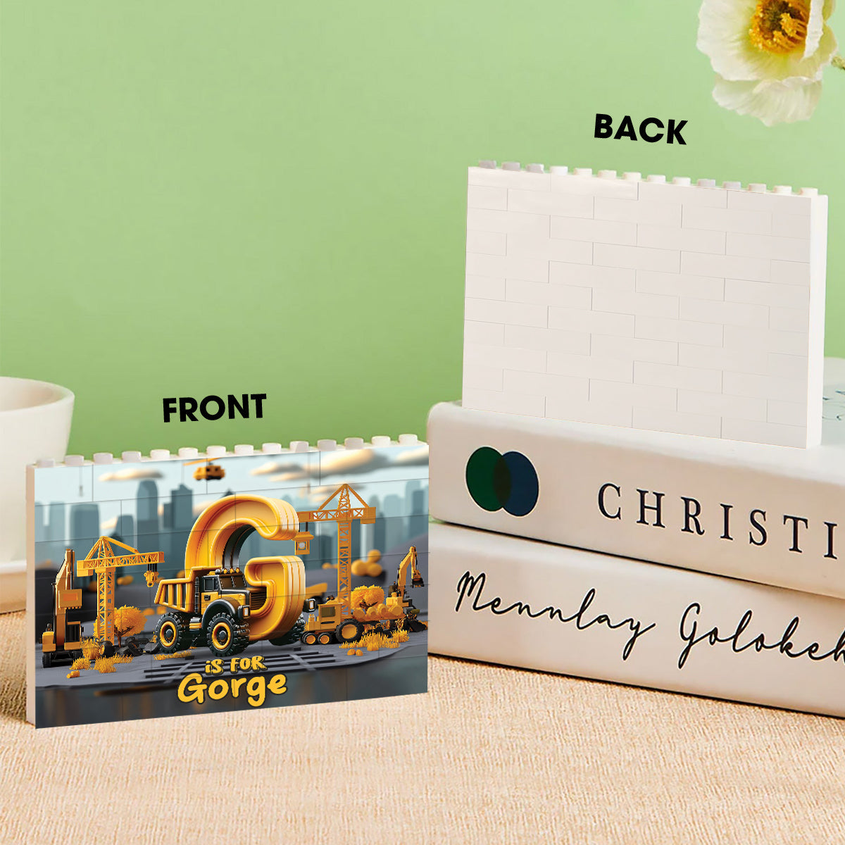 Baufahrzeug-Buchstaben - Personalisierte einseitige, horizontale rechteckige Bausteine ​​für Kinder