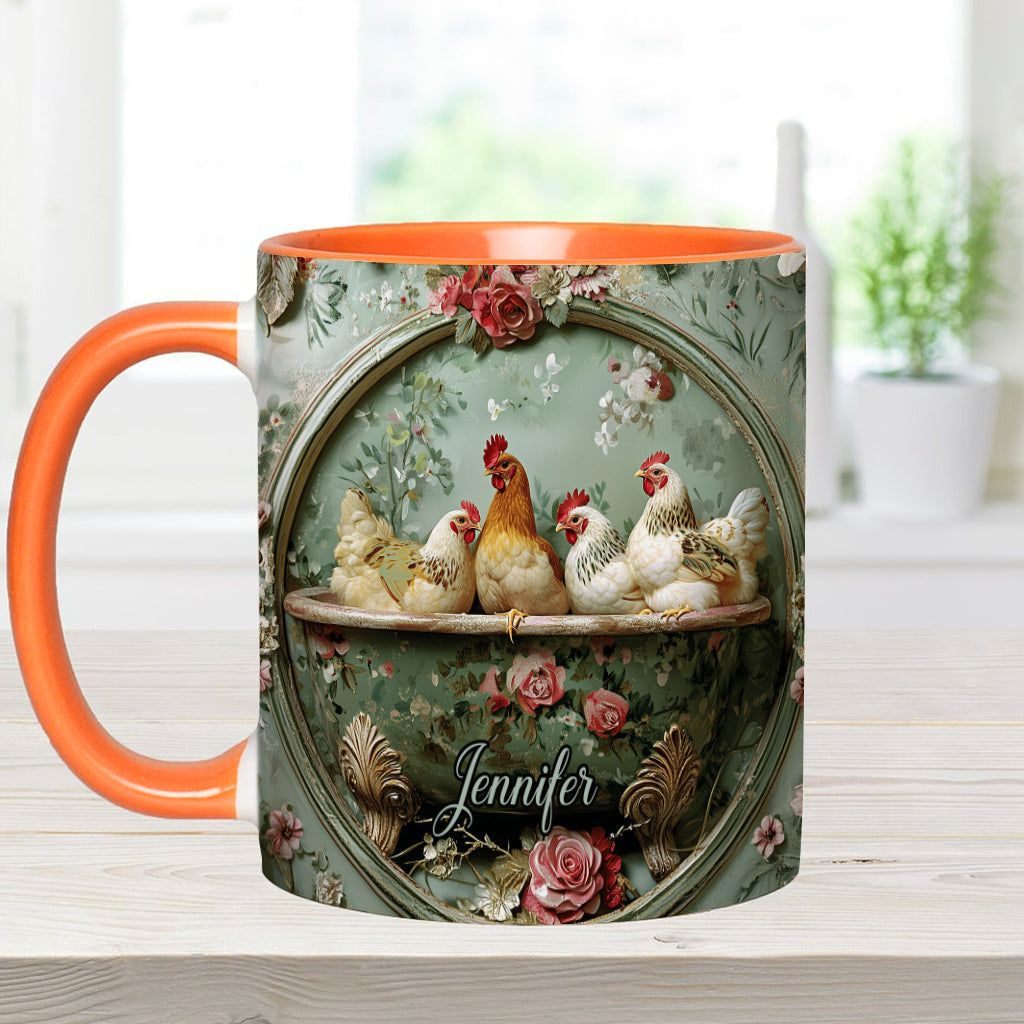 Vintage-Tasse mit Blumenmuster und Hühnermotiv – personalisierte Tasse mit Hühnermotiv