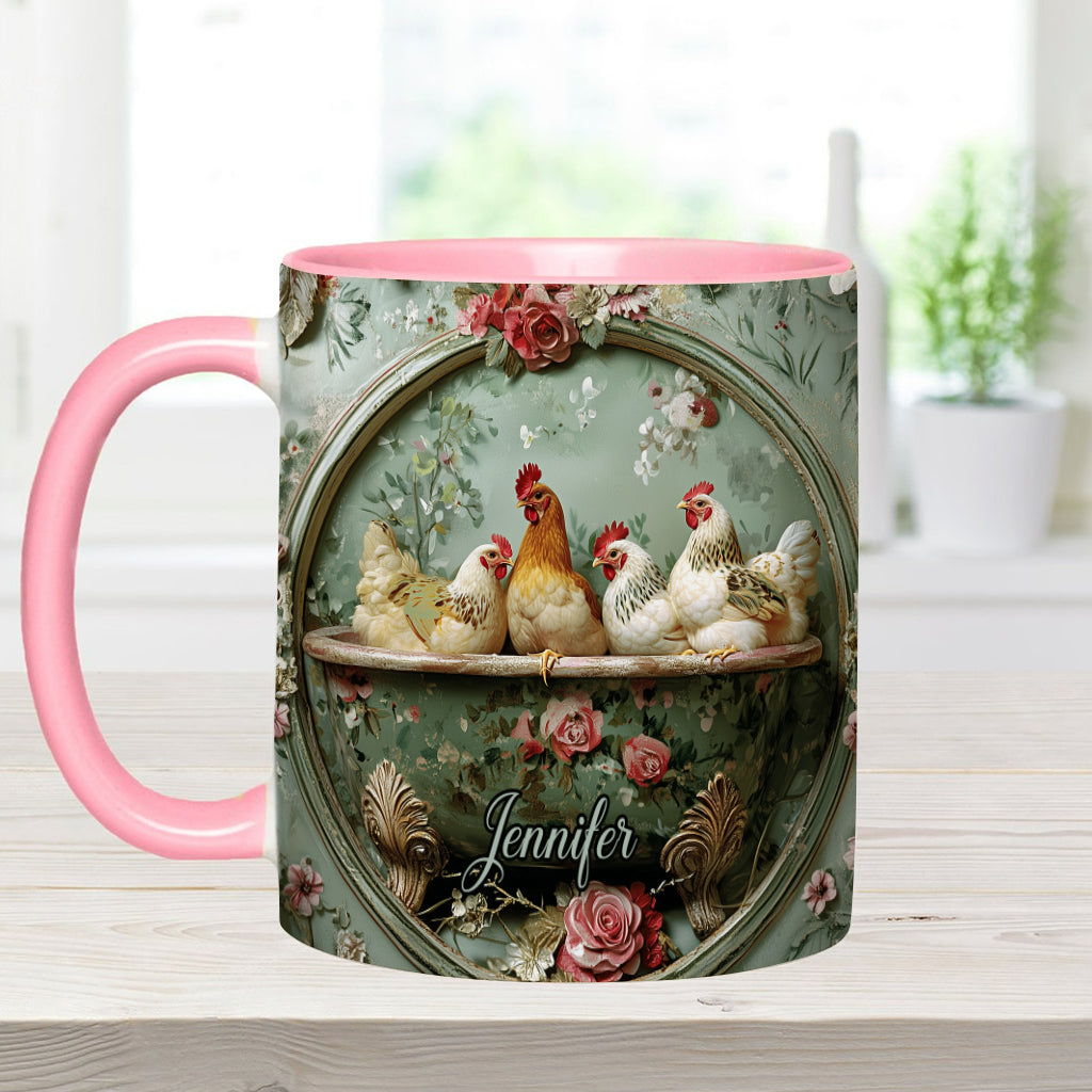 Vintage-Tasse mit Blumenmuster und Hühnermotiv – personalisierte Tasse mit Hühnermotiv